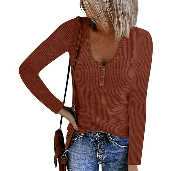 Basic T Shirts for Women Women's Fashion Casual V-Neck T-Shirt Button Solid Color Long Sleeve Top