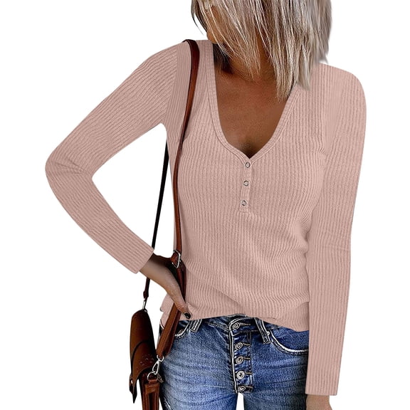 Basic T Shirts for Women Women's Fashion Casual V-Neck T-Shirt Button Solid Color Long Sleeve Top