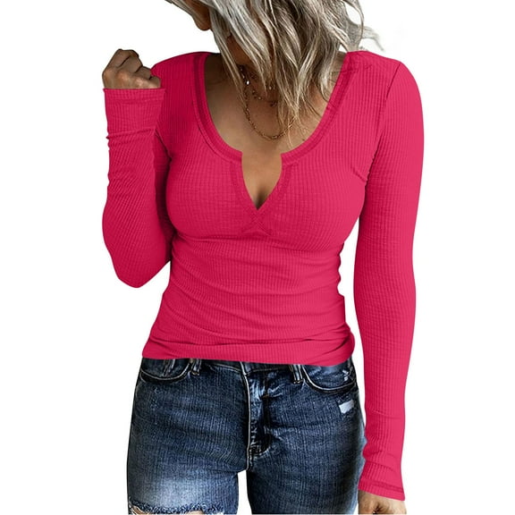 Basic T Shirts for Women Women's Fashion Solid Color Casual T-Shirt Slim Long Sleeve V-Neck Knit Top
