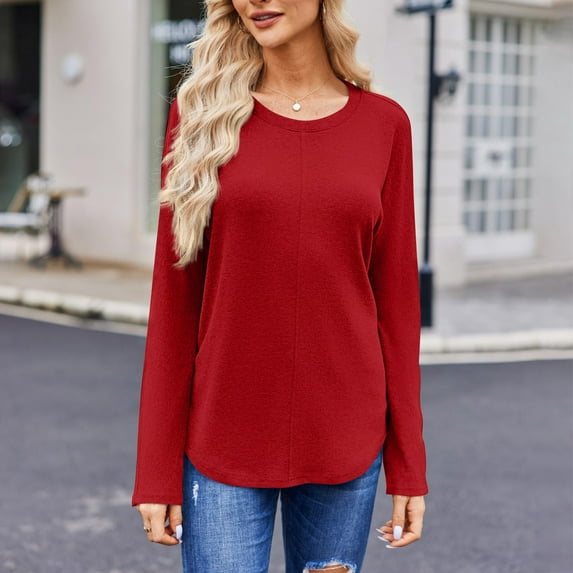 Basic T Shirts for Women Women's Fashion Solid Color Round Neck Long Sleeve T-shirt Casual Autumn Tops