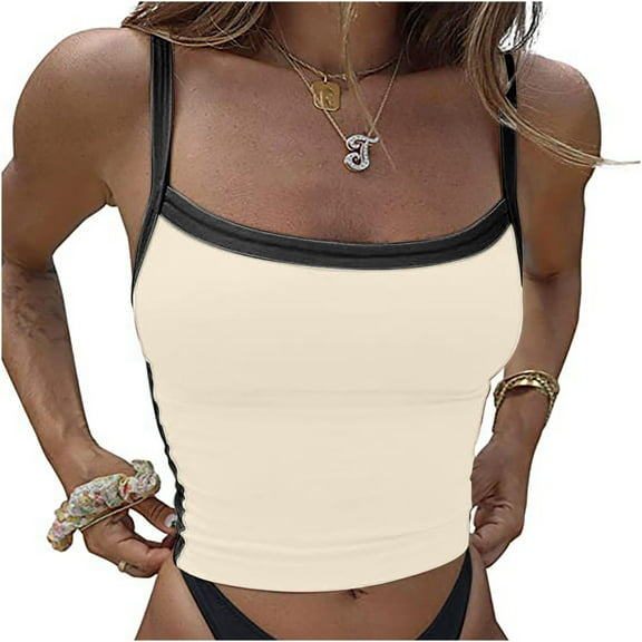 Basic Tank Tops For Women Sevevn Fashion Women Round-Neck Camisoles Sling Patchwork Backless Midriff-Baring Vest Tank Tops Blouse T-Shirt Y2K Tank Top