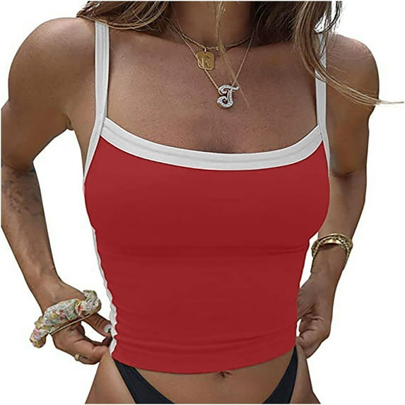 Basic Tank Tops For Women Sevevn Fashion Women Round-Neck Camisoles Sling Patchwork Backless Midriff-Baring Vest Tank Tops Blouse T-Shirt Y2K Tank Top