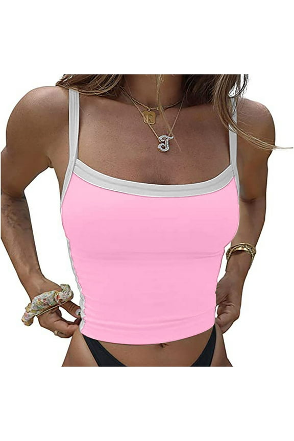 Basic Tank Tops For Women Sevevn Fashion Women Round-Neck Camisoles Sling Patchwork Backless Midriff-Baring Vest Tank Tops Blouse T-Shirt Y2K Tank Top