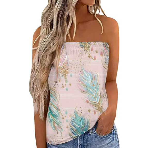 Basic Tank Tops for Women Women Pringting Strapless Bandeau Tank Casual Sleeveless Summer Vacation Loose Holiday Top Shirt Blouse Women Tanks Top Female Womens Tank Tops