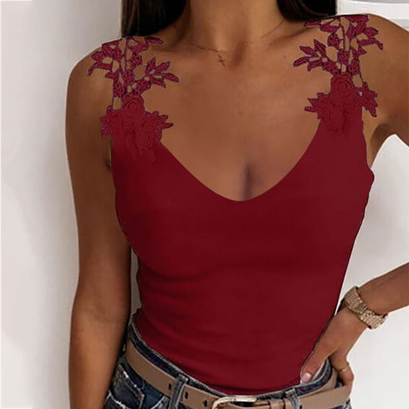 Basic Tank Tops for Women Fashion Sexy Womens V-Neck Patchwork Solid Lace Short Camis Tops Vest Lace Tank Tops for Women