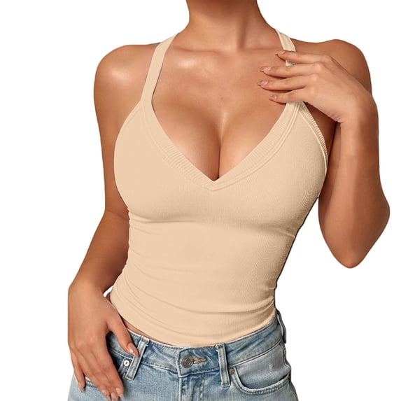 Basic Tank Tops for Women Racerback V Neck Basic Top With Built-In Shelf Bra Comfort Workout Tank Tops Woman Beige L