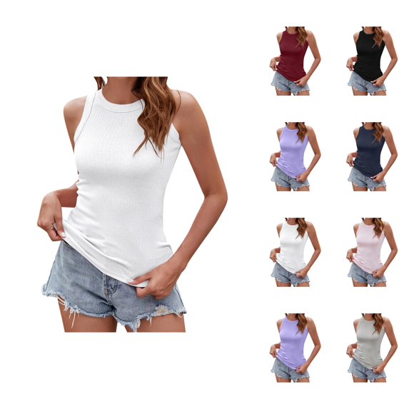 Basic Tank Tops for Women Stretchy Ribbed Crewneck Fitted Sleeveless Shirt Base Layer Summer Outfits