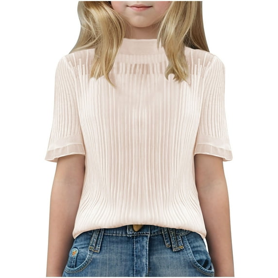 Basic Tees for Girl V Neck Girls Mock Neck Shirts Short Sleeve Solid Color Lace Blouse Summer Pleated Dressy Tops Kids Spring Clothes Beige M
