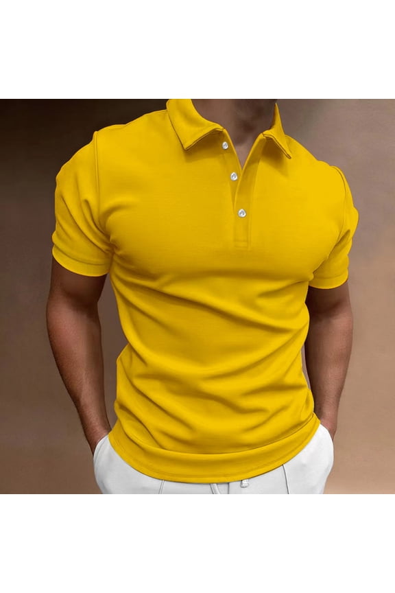 Basic Tees for Men Men's Breathable T-Shirt Solid Color Classic T-Shirt Short Sleeve Button up Collar Sports Work Golf Tee Yellow L