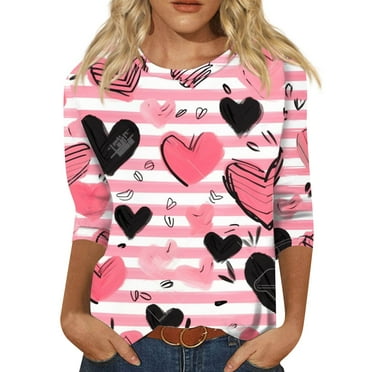 Basic Tees for Women Cute Relaxed Fit 3/4 Sleeve Plus Size Valentines Shirts for Women