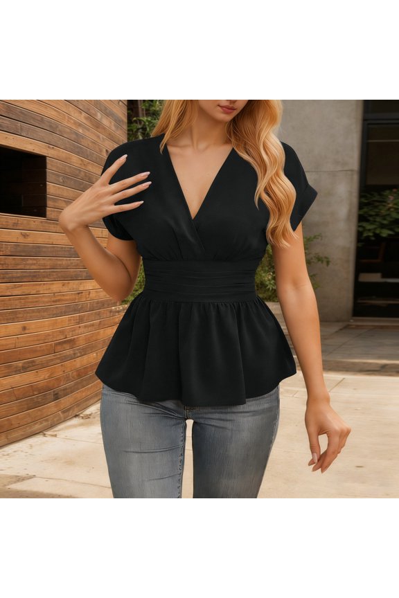 Basic Tees for Women Elegant Wrap V Neck Peplum Ruched Ruffle Dressy T Shirts Casual Short Sleeve Fashion Vacation Tops