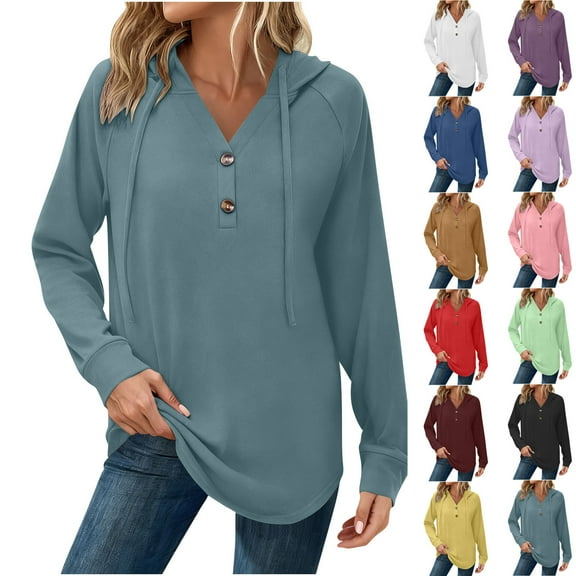 Basic Tees for Women Fashionable Long Sleeved Buttoned Hooded Sweatshirt Classic-Fit Long-Sleeve T-Shirt (Available in Plus Size)