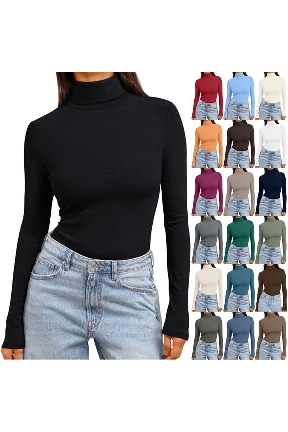 Basic Turtleneck Tops for Women Solid Color Long Sleeve Turtle Neck Ladies Basic Top Women's Fitted Elegant Shirt Black M