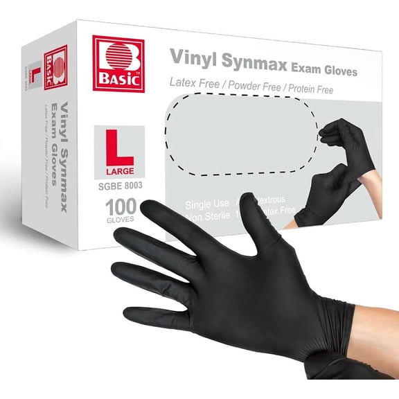 Basic Vinyl Synmax Exam Gloves Powder-Free/Non-Sterile Size:L ,Color:Black,100pcs