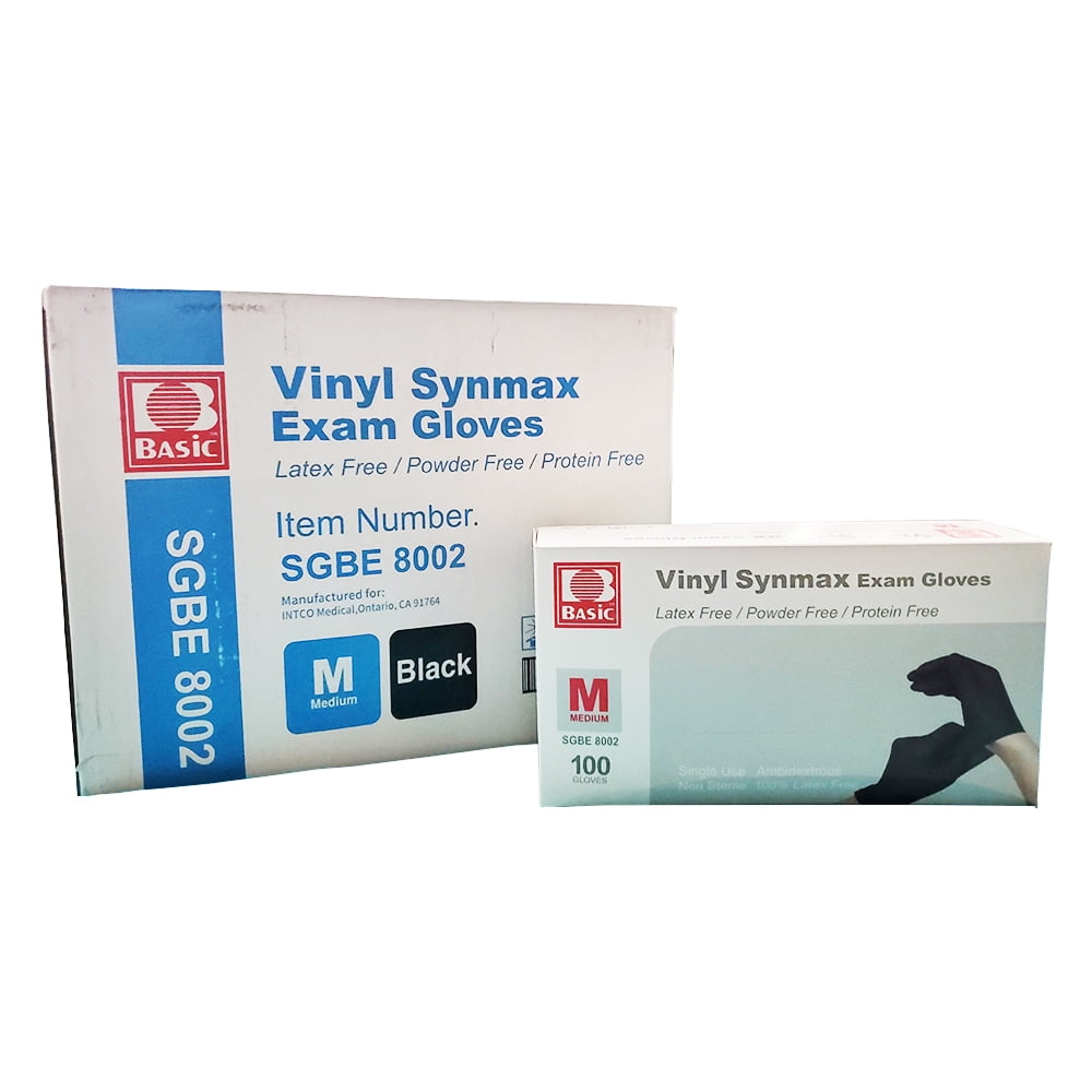 Basic Vinyl Synmax Exam Gloves SGBE8002, Powder Free, Latex Free, Protein Free, 10 Pack (1000 Count, 100/Box) - Black, Medium