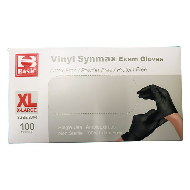 Basic Vinyl Synmax Exam Gloves SGBE8004, Powder Free, Latex Free, Protein Free, 1 Pack (100 Count) - Black, XL