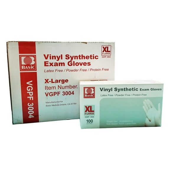 Basic Vinyl Synthetic Exam Gloves VGPF3004, Powder Free, Latex Free, Protein Free, (1000 Count, 100/Box) - XL