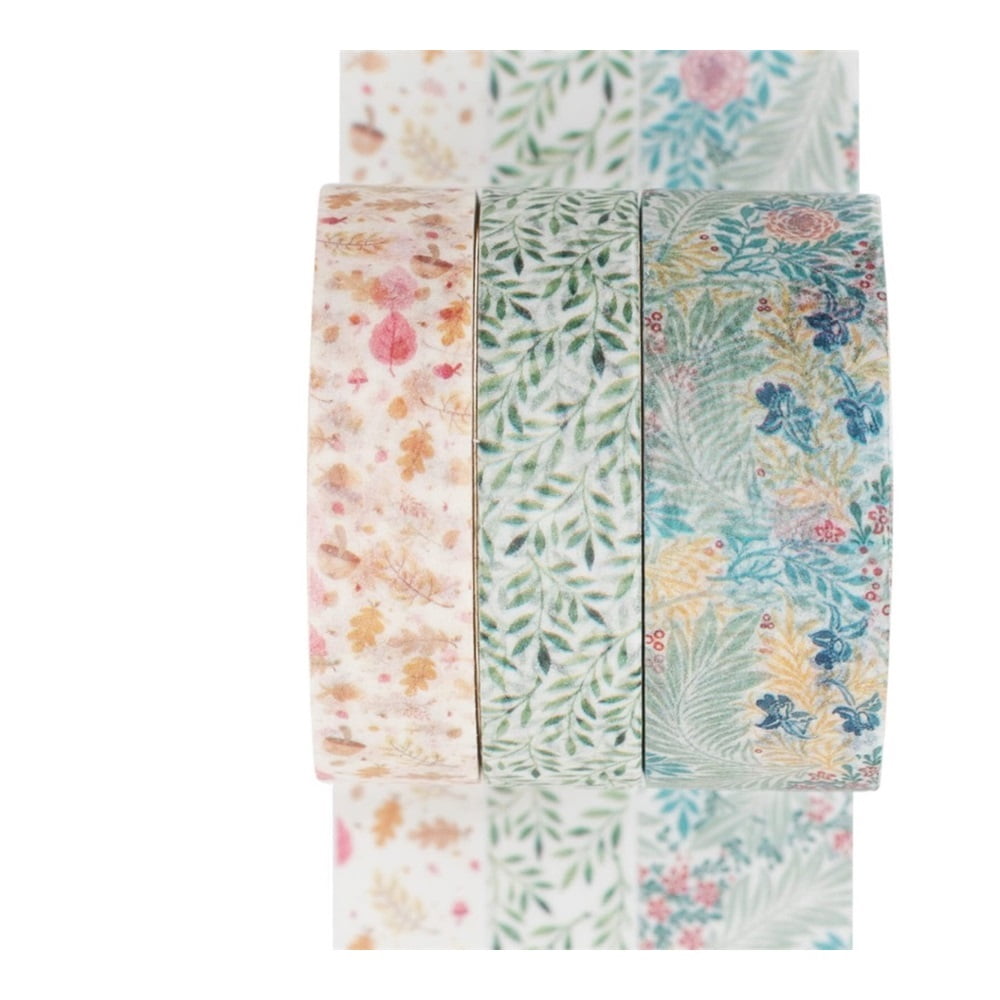 Basic Washi Tape Set 3 Rolls Creative Skinny Decorative Tapes for Arts, DIY Crafts, Journals, Planners, Scrapbooking, Wrapping (Flower & Leaves)