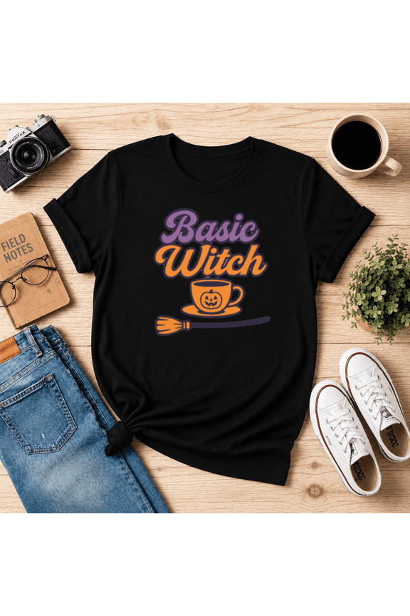 Basic Witch Halloween Coffee Jack-o-lantern Broom T-Shirt N2114, S-5XL