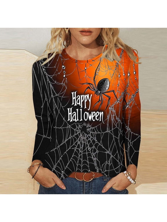 Basic Witch Halloween T Shirt Women Vintage Graphic Tees Shirt Long Sleeve Casual Funny Halloween Party Shirts
