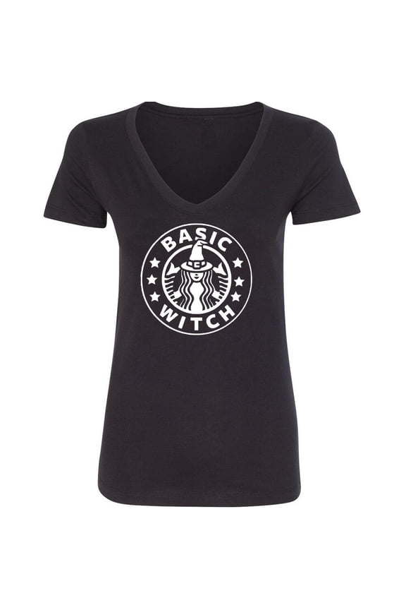 Basic Witch Printed Lady Vneck Shirts Black Tee 2X-Large