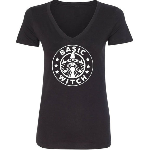 Basic Witch Printed Lady Vneck Shirts Black Tee Small
