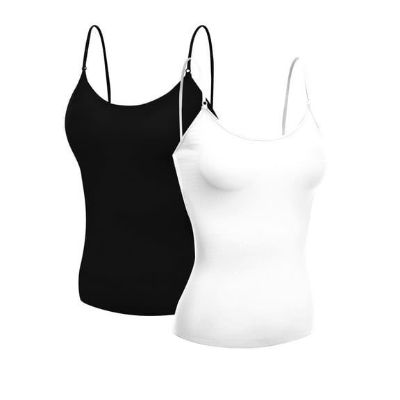 Basic Women Short Cami Built-In Shelf Bra - 2 Pk - Black, White, L