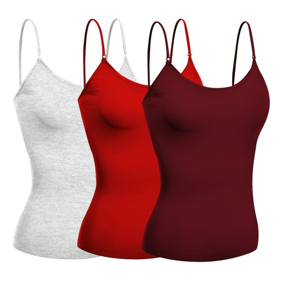 Basic Women Short Cami Built-In Shelf Bra - 3 Pk - Red, Burgundy, H Gray, Large