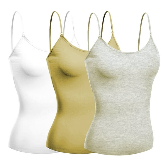 Basic Women Short Cami Built-In Shelf Bra - 3 Pk - White, Khaki, Oat, Medium