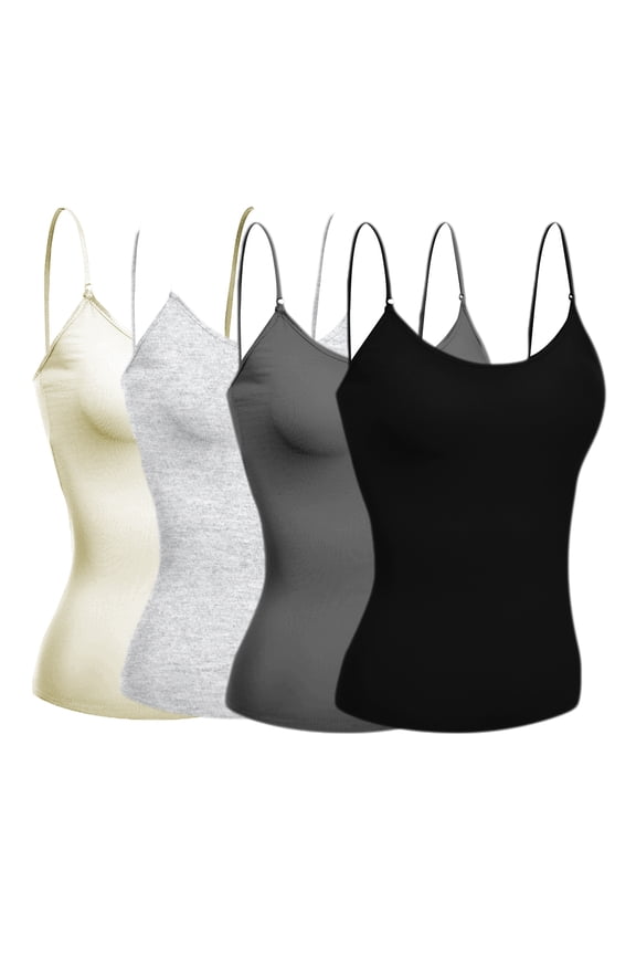 Basic Women Short Cami Built-In Shelf Bra - 4 Pk - Blk, Charcoal, H Gray, Oat, L