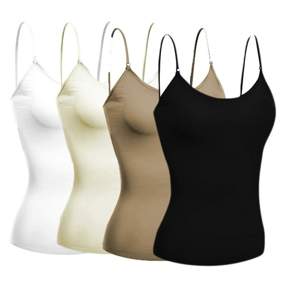 Basic Women Short Cami Built-In Shelf Bra - 4 Pk - Blk, Taupe, Oat, Wht, S