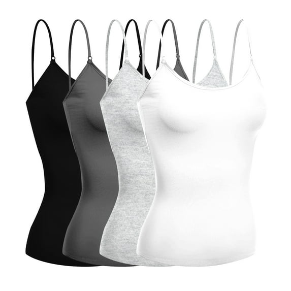 Basic Women Short Cami Built-In Shelf Bra - 4 Pk - Blk, Wht, H Gray, Chrcl, L