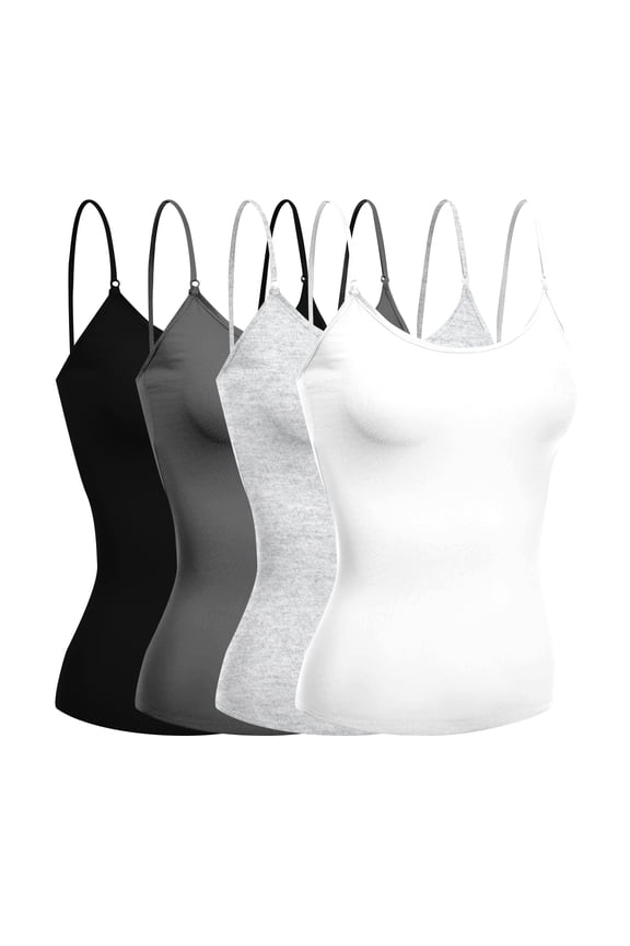 Basic Women Short Cami Built-In Shelf Bra - 4 Pk - Blk, Wht, H Gray, Chrcl, L