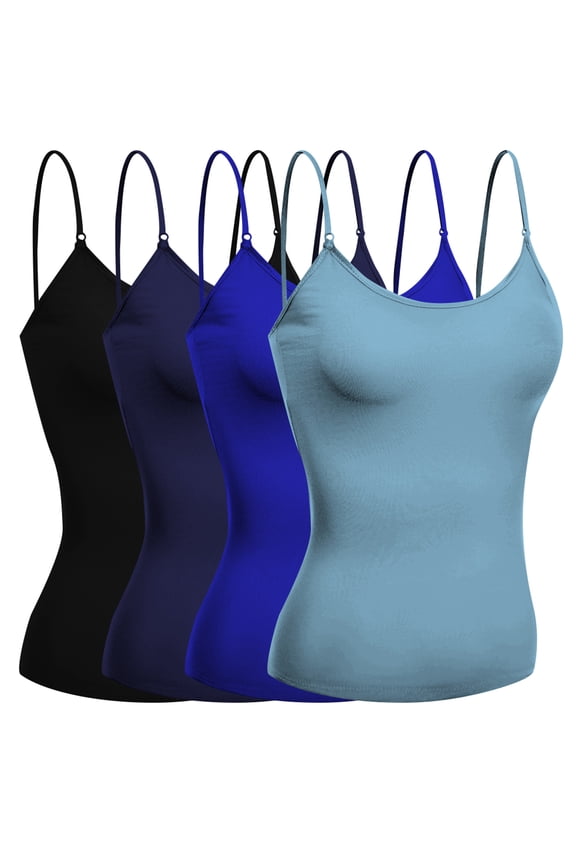 Basic Women Short Cami Built-In Shelf Bra - 4 Pk - Dst Blue, Royalty, True Navy, Blk, L