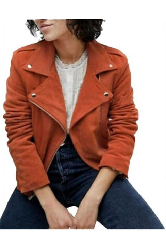 Basic Women's Genuine 100% Suede Tan Leather Jacket Biker Collared Coat W098