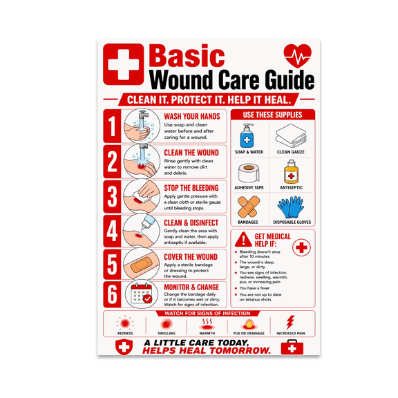 Basic Wound Care Guide Poster - First Aid Enthusiast - 13x19 Poster Print