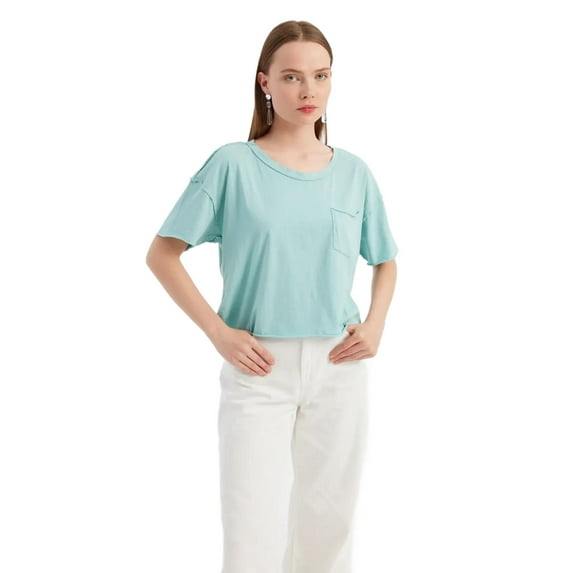 Basic Woven Round Neck Short Sleeve T-Shirt