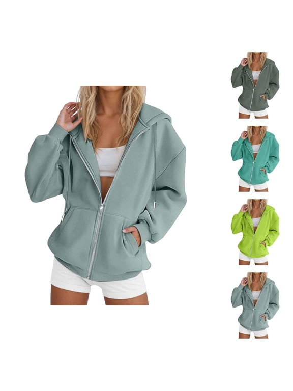 Basic Zip Up Hoodie for Women 2026 Trendy Casual Full Zipper Plain Cardigan Hooded Sweatshirt with Pockets Jacket Outerwear