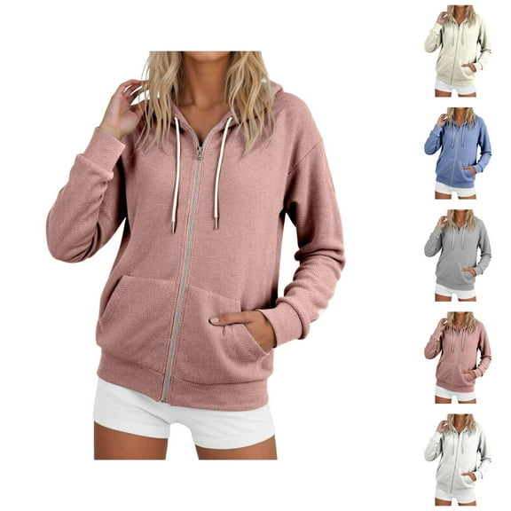 Basic Zip Up Hoodies for Women 2025 Fall Winter Long Sleeve Loose Fit Plain Hooded Sweatshirt Jacket with Pockets
