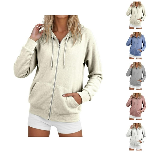 Basic Zip Up Hoodies for Women 2025 Fall Winter Long Sleeve Loose Fit Plain Hooded Sweatshirt Jacket with Pockets