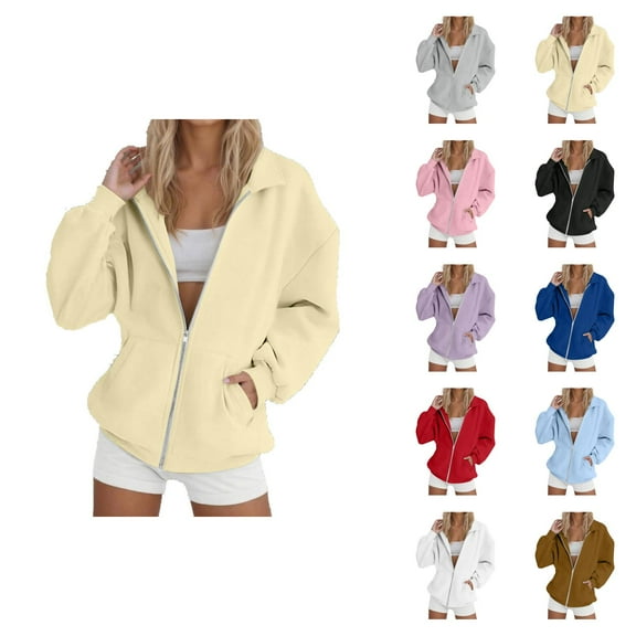 Basic Zip Up Sweatshirts for Women 2025 Fall Winter Long Sleeve Collared Plain Sweatshirt Jacket with Pockets