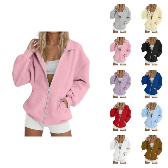 Basic Zip Up Sweatshirts for Women 2025 Fall Winter Long Sleeve Collared Plain Sweatshirt Jacket with Pockets