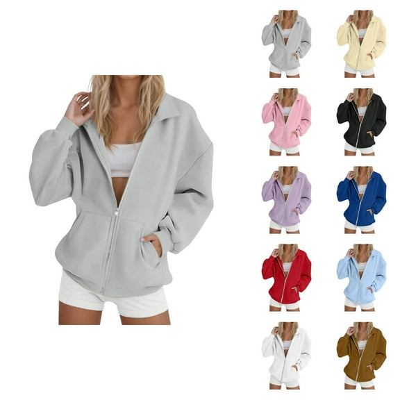 Basic Zip Up Sweatshirts for Women 2025 Fall Winter Long Sleeve Collared Plain Sweatshirt Jacket with Pockets