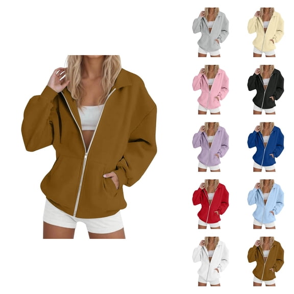 Basic Zip Up Sweatshirts for Women 2025 Fall Winter Long Sleeve Collared Plain Sweatshirt Jacket with Pockets