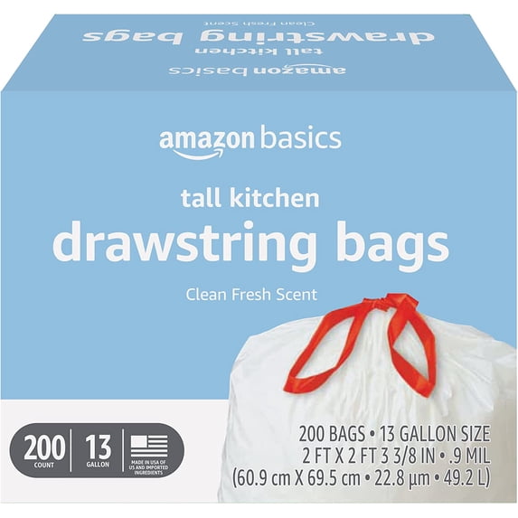 Basic scented trash bags, tall kitchen drawstring style, fresh fragrance, 13 gallons, 200 pieces, 1 package
