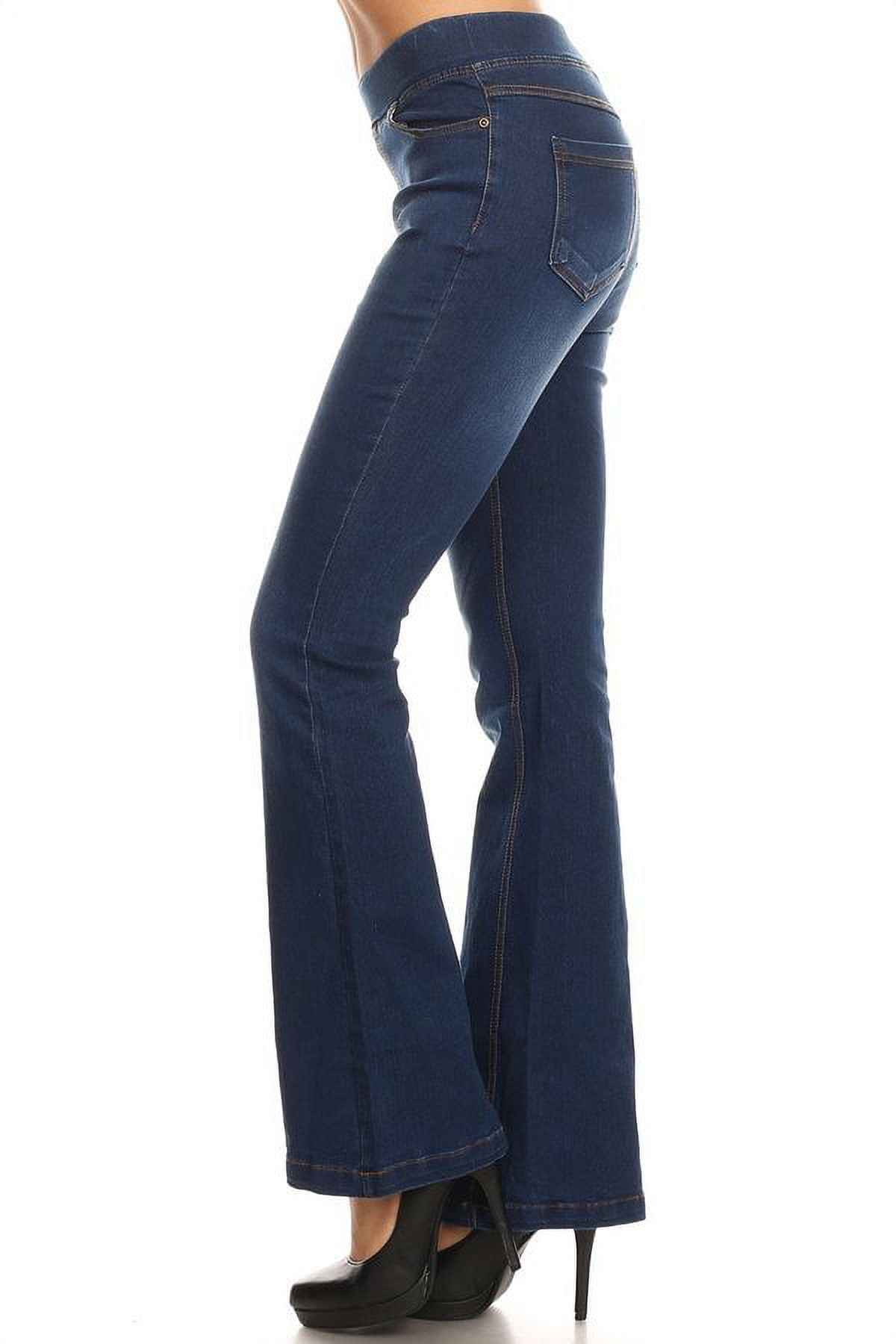 Basic young contemporary pull on denim flare jeans with pockets ...