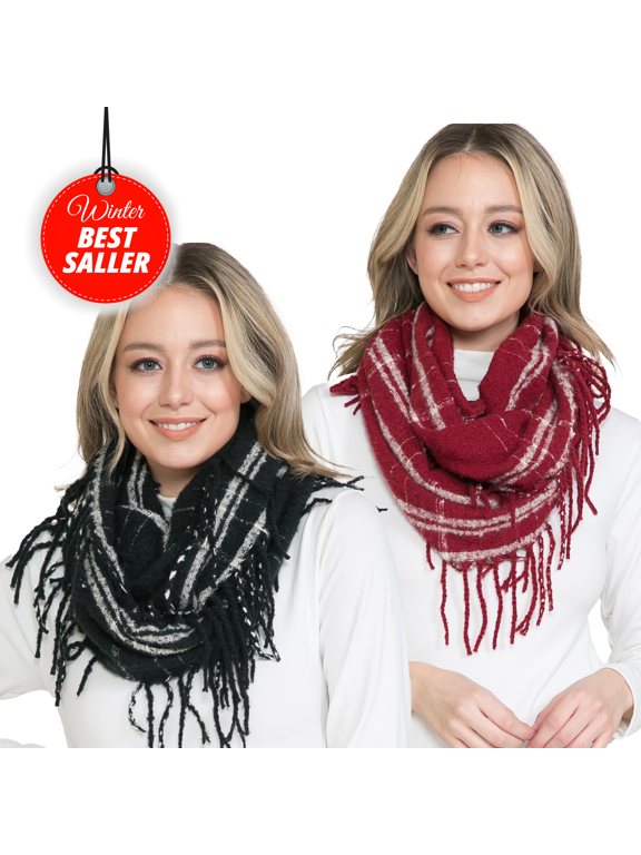2PK Knit Infinity Scarf | Winter Scarf for Women | Red Plaid Black Tartan Scarves Set