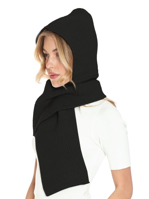 5 Colors Knitted Hooded Scarf for Women Men Winter Balaclava Ski Masks- (Black)