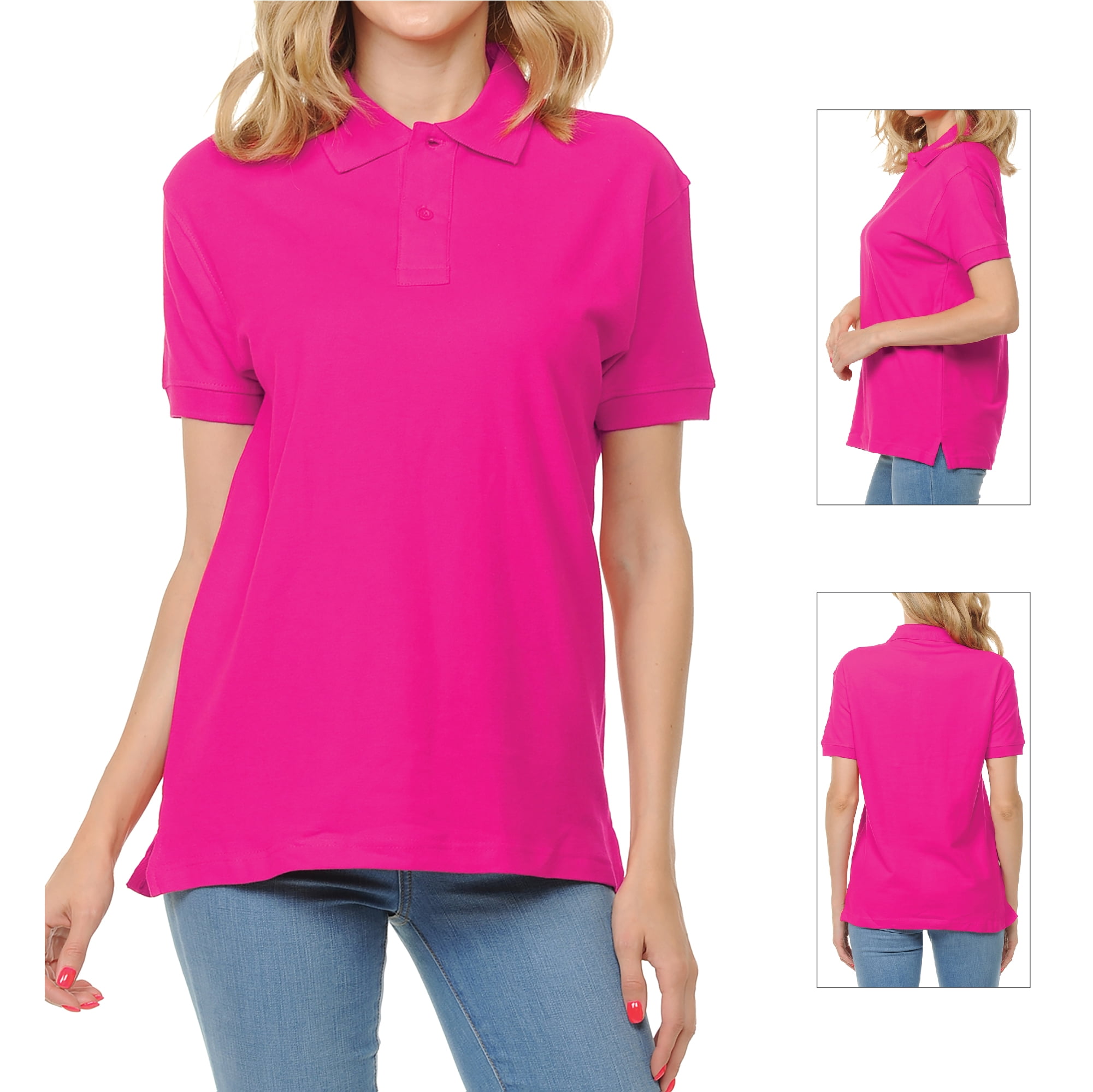 Basico Fuchsia Polo Collared Shirts For Women 100 Cotton Short Sleeve Golf Polo Shirts For