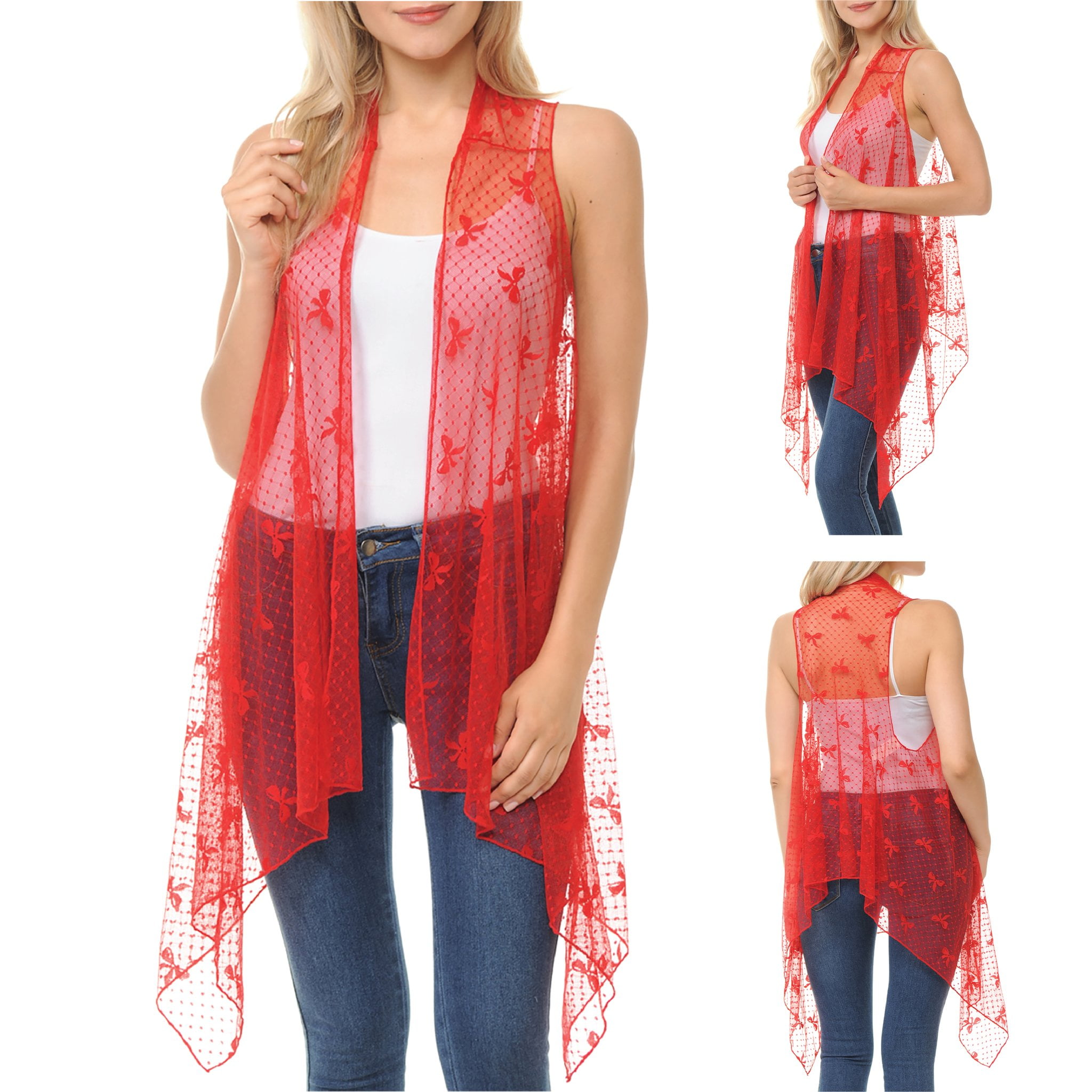 Basico Kimono Cardigans for Women Summer Beach Swimsuit Lace Cover Up Red Lace kimono cardigan Ribbon Pattern One Size